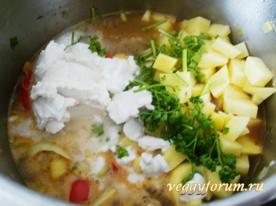 Суп с фенхелем, луком-пореем, яблоком и грецкими орехами